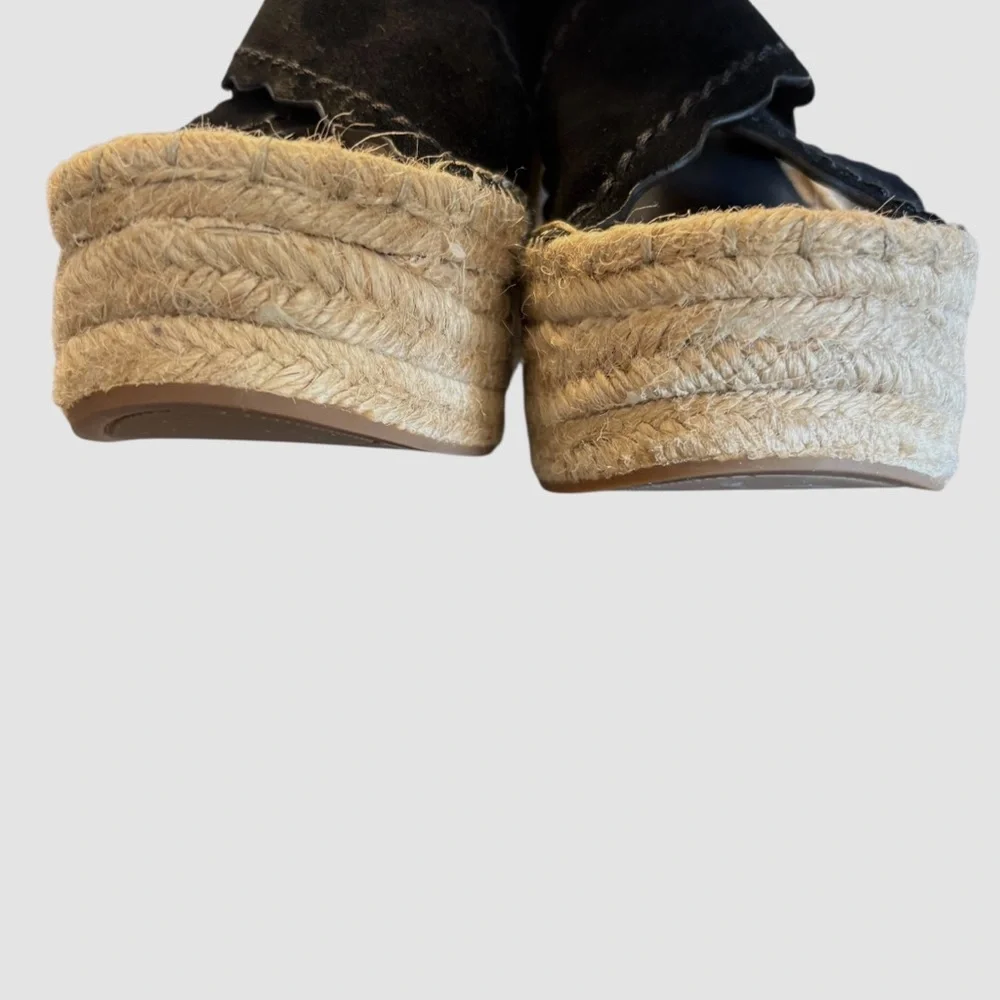 Marc Fisher Mlaria Black Suede Tan  Espadrille Wedge Platform Sandals
